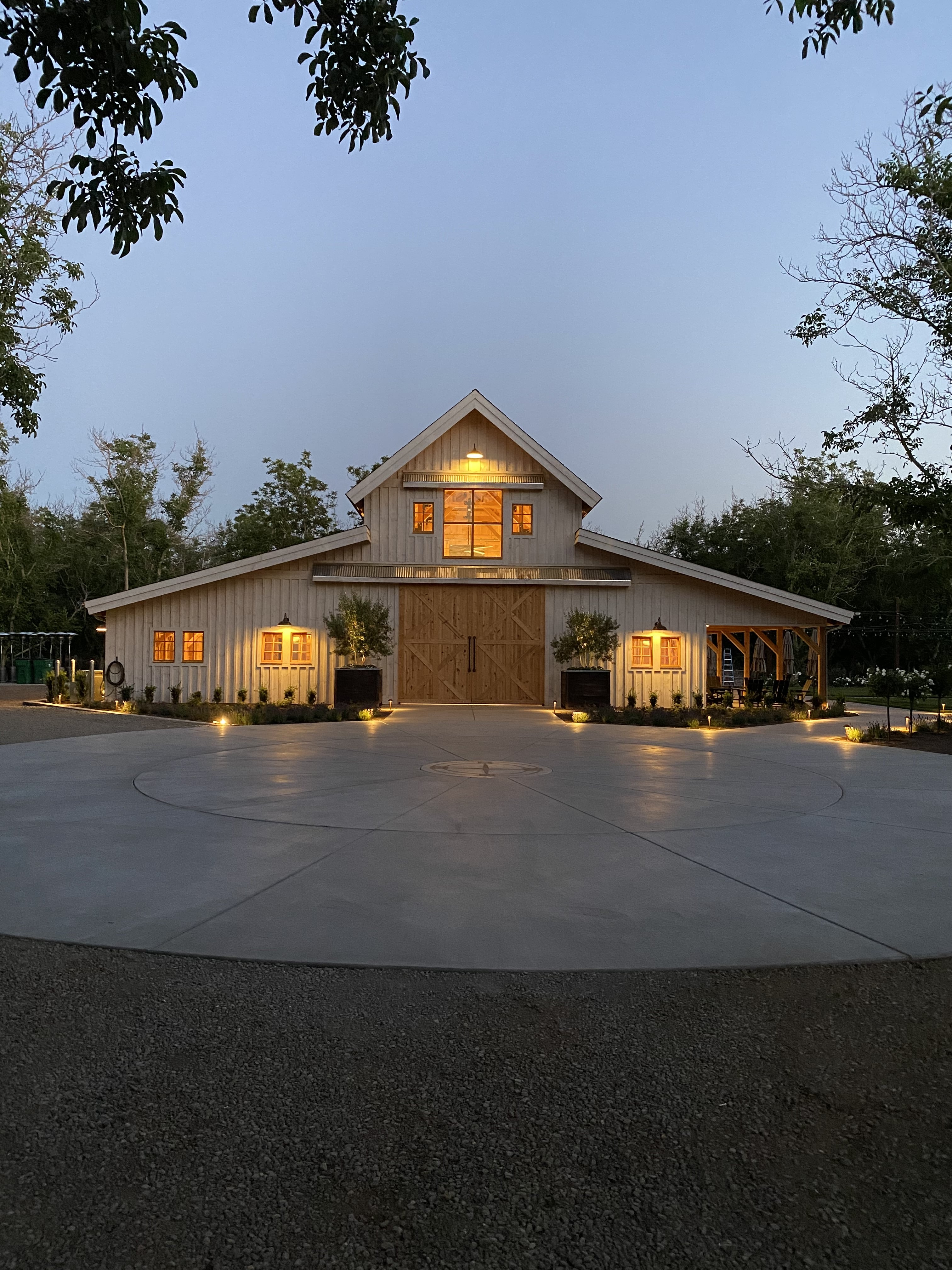 white barn with lighting